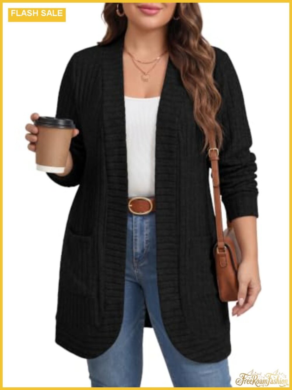 Plus Size Open Front Cardigan Long Sleeve Loose Knit Sweater